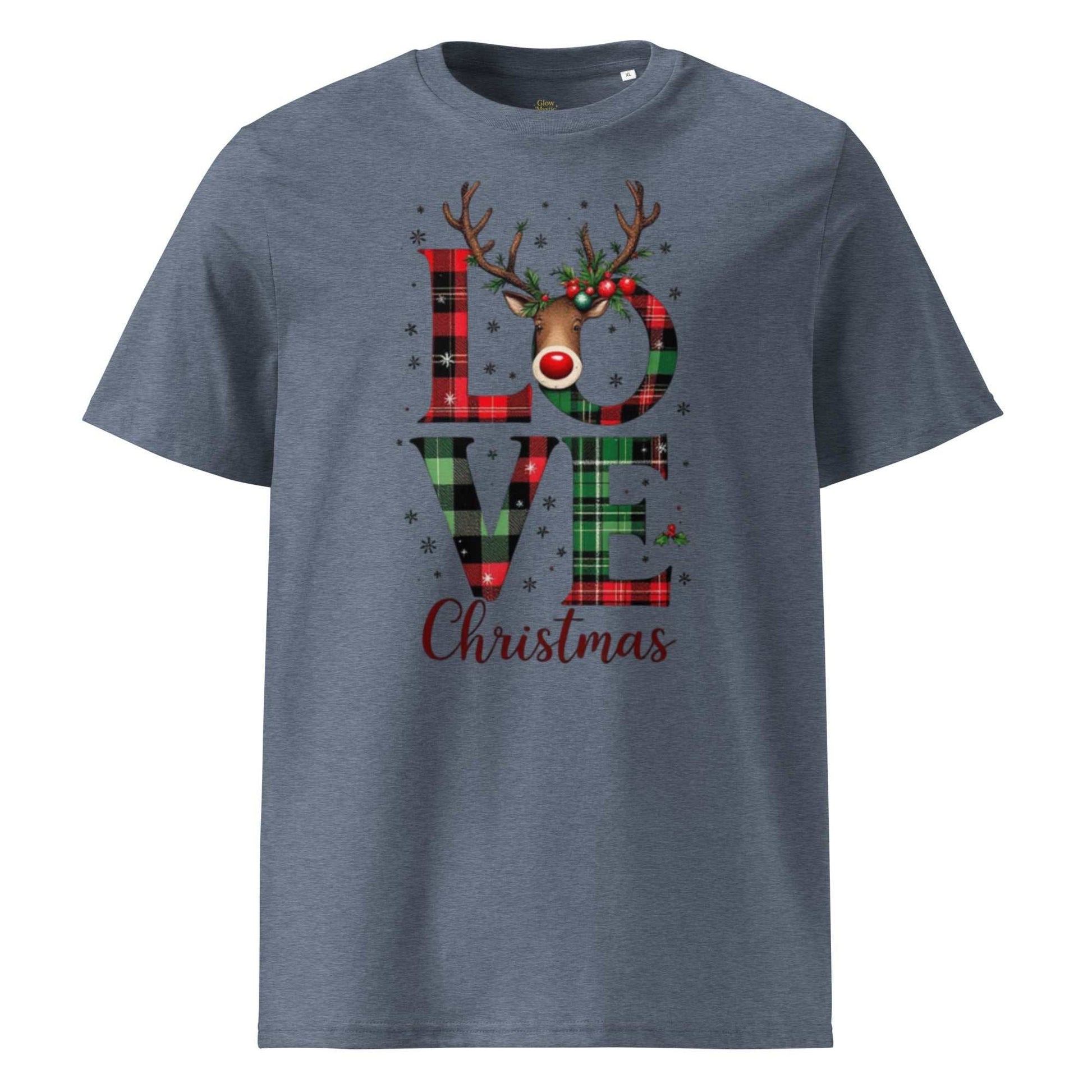Organic Cotton Christmas T-Shirt with festive plaid "LOVE Christmas" print featuring a reindeer, made from 100% organic cotton for eco-friendly comfort.
