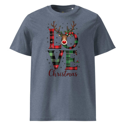 Organic Cotton Christmas T-Shirt with festive plaid "LOVE Christmas" print featuring a reindeer, made from 100% organic cotton for eco-friendly comfort.