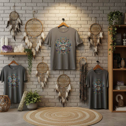 Mystical Owl Organic T-Shirt with colorful owl design hanging on brick wall surrounded by dreamcatchers and boho decor