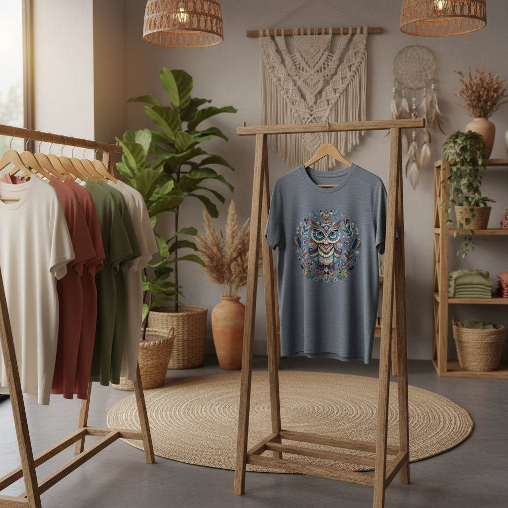 Mystical Owl Organic T-Shirt with spiritual owl design on blue fabric in boho styled room with wooden racks and plants