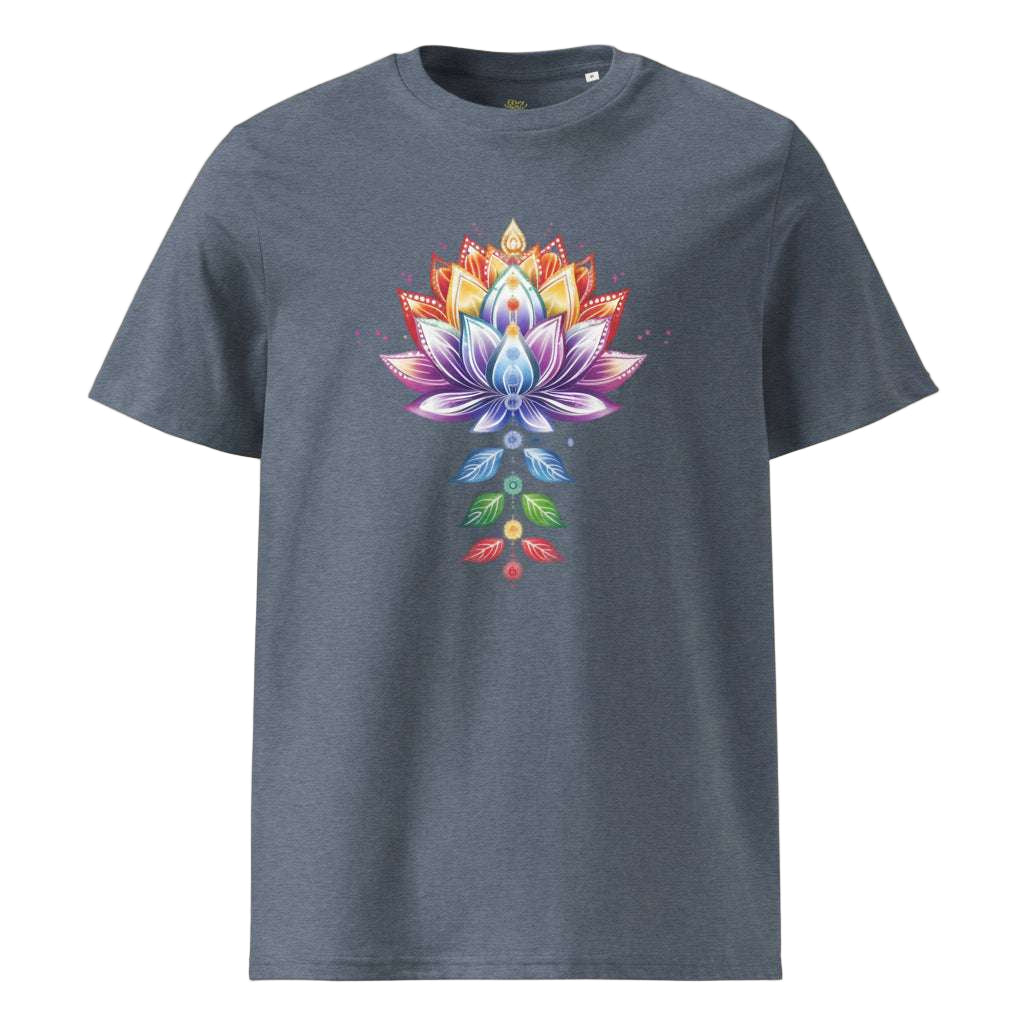 Chakra Lotus Organic Cotton T-Shirt with vibrant lotus and chakra design on grey eco-friendly fabric