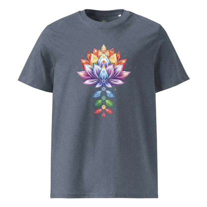 Chakra Lotus Organic Cotton T-Shirt with vibrant lotus and chakra design on grey eco-friendly fabric