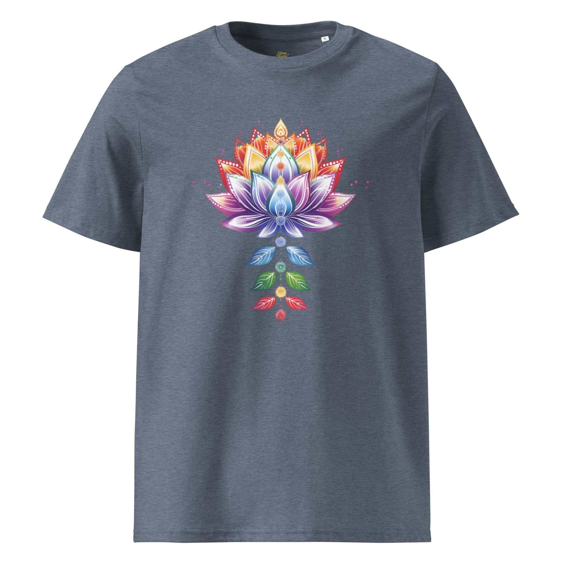 organisch katoenen T-shirt met kleurrijk lotus en chakra design, duurzaam en spiritueel, unisex medium fit
