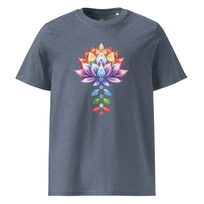 organisch katoenen T-shirt met kleurrijk lotus en chakra design, duurzaam en spiritueel, unisex medium fit