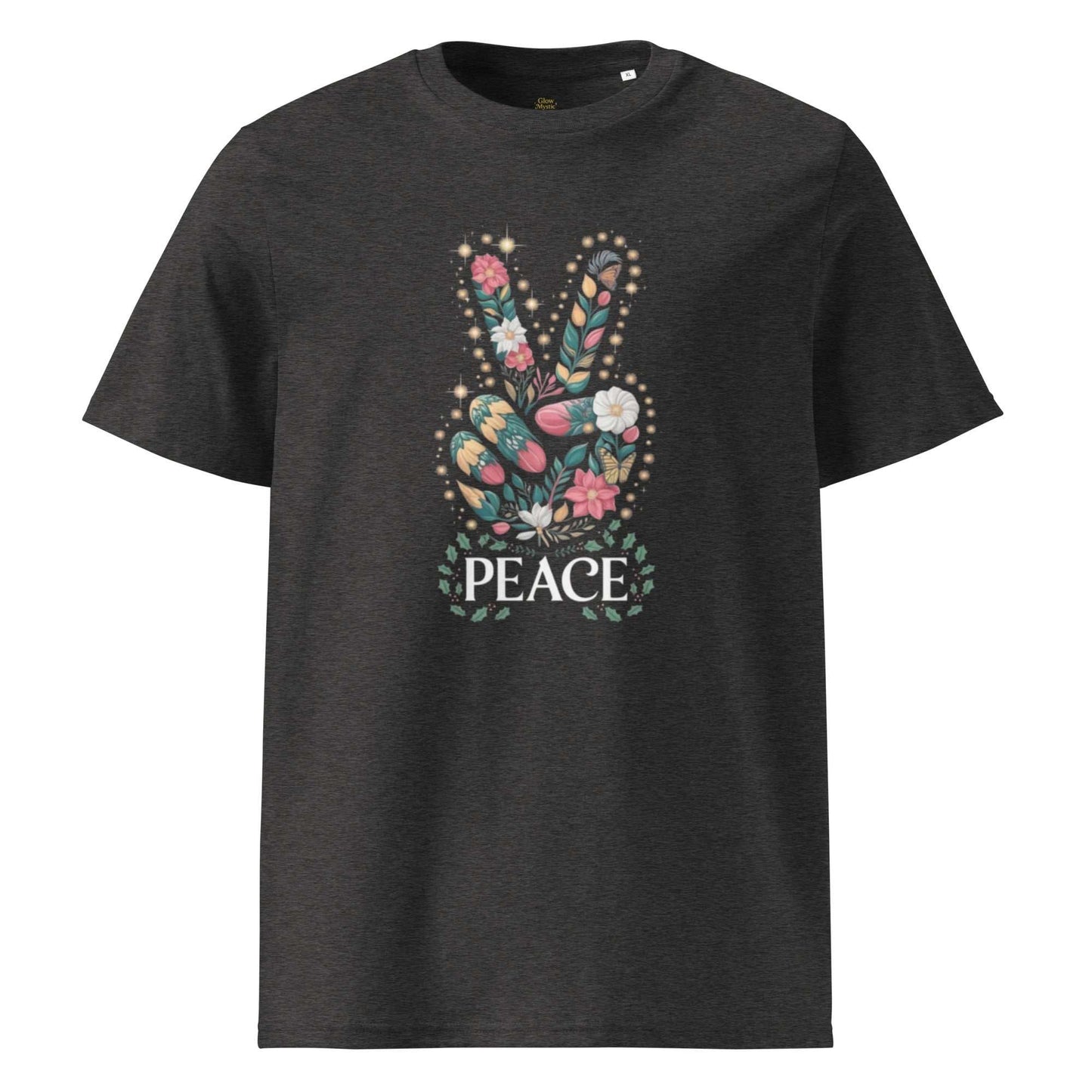 Unisex Organic Cotton T-shirt in charcoal with floral peace hand graphic and text design
