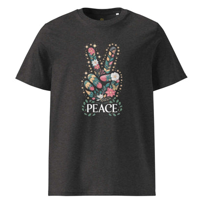 Unisex Organic Cotton T-shirt in charcoal with floral peace hand graphic and text design