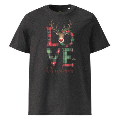 Organic Cotton Christmas T-Shirt with festive plaid "LOVE Christmas" print and reindeer design, eco-friendly and breathable holiday tee.
