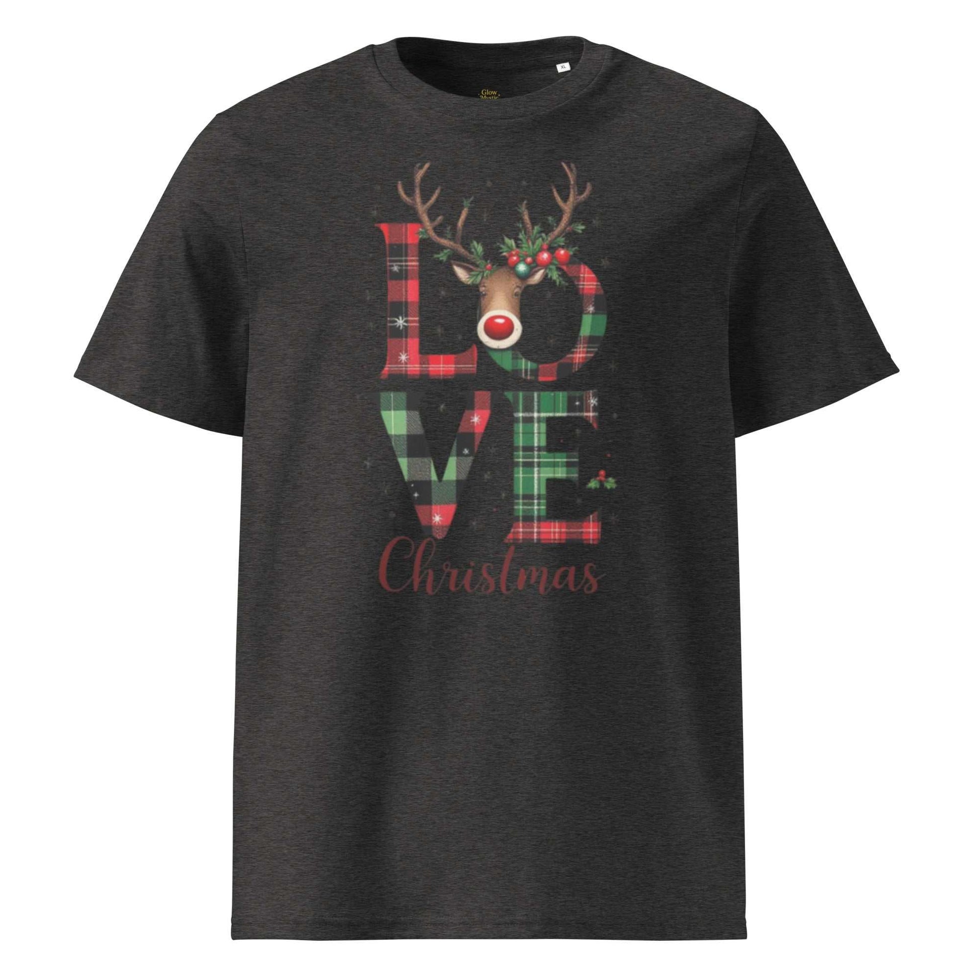 Celestial Glow Goddess T-Shirt with festive LOVE Christmas reindeer design on dark fabric
