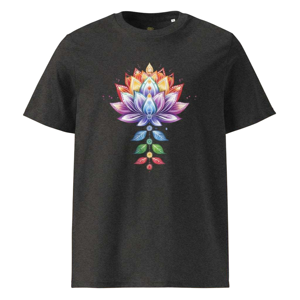 Chakra Lotus Organic Cotton T-Shirt with vibrant chakra and lotus design on dark fabric, eco-friendly spiritual tee.