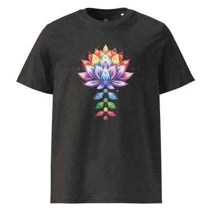 Chakra Lotus Organic Cotton T-Shirt with vibrant chakra and lotus design on dark fabric, eco-friendly spiritual tee.