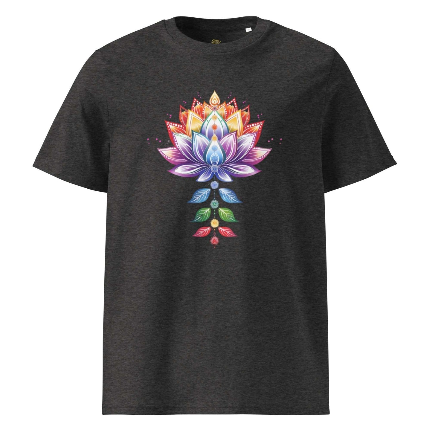Donkergrijs organic cotton t-shirt met kleurrijk lotus en chakra design voor spirituele stijl en comfort.