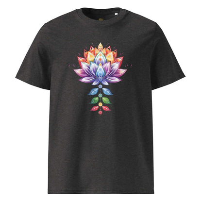 Donkergrijs organic cotton t-shirt met kleurrijk lotus en chakra design voor spirituele stijl en comfort.