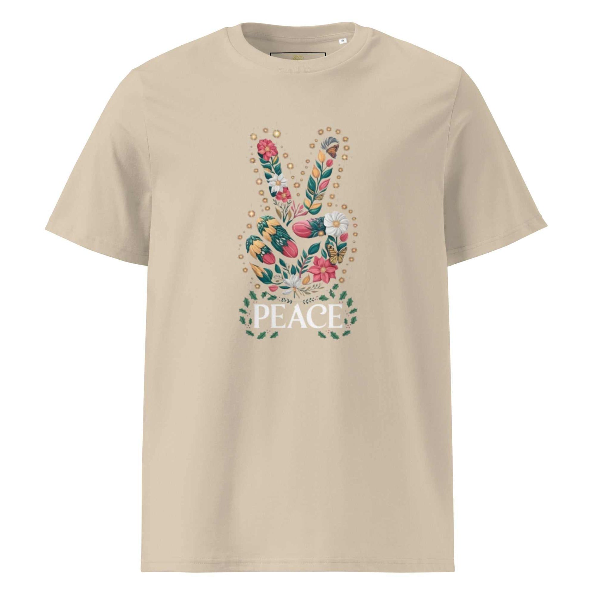 Unisex Organic Cotton T-shirt in beige with floral peace hand sign design and PEACE text