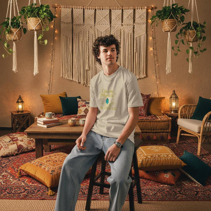 Man wearing Glow Mystic in Style organic cotton t-shirt sitting in boho living room with plants and cushions
