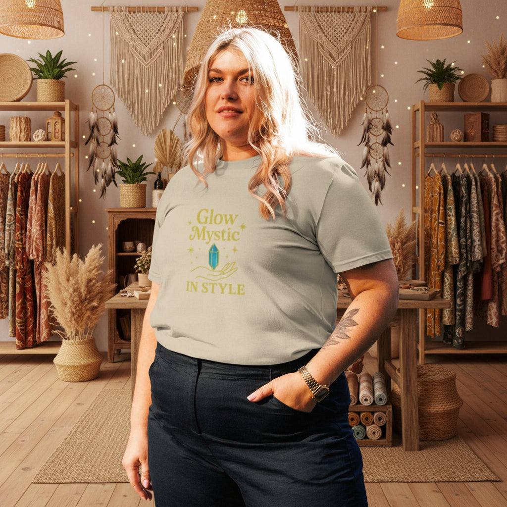 Woman wearing Glow Mystic in Style organic cotton t-shirt with gold logo in a boho-style room