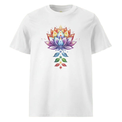 White Chakra Lotus Organic Cotton T-Shirt with colorful chakra and lotus design on front, eco-friendly and breathable fabric
