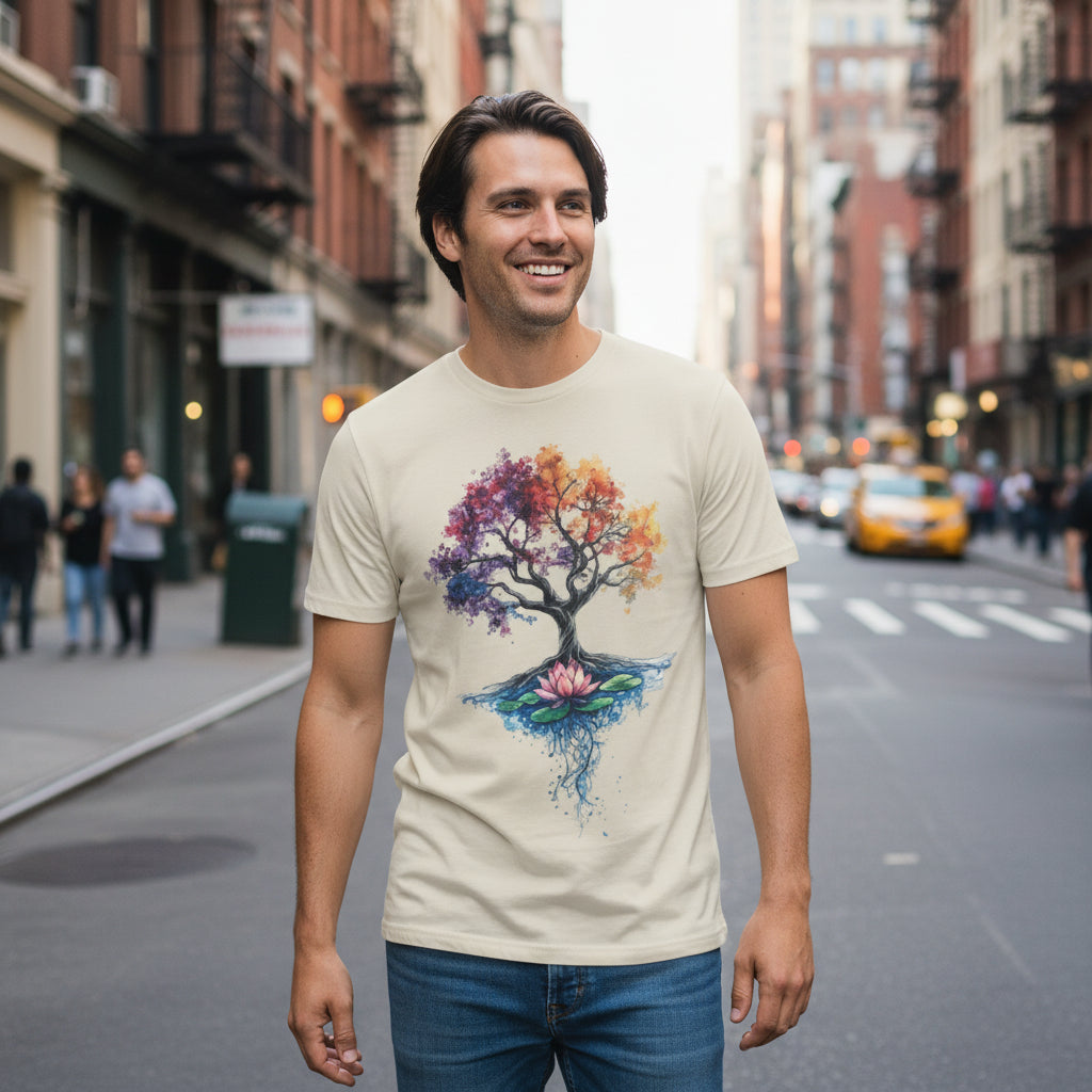 Man wearing Tree of Life Energy Flow T-Shirt with colorful cosmic tree design on the street of new york