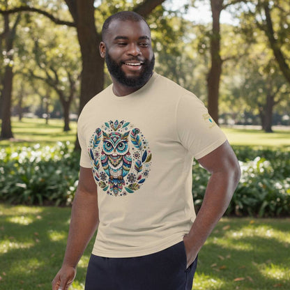 Man wearing a beige Mystical Owl Organic T-Shirt with colorful owl design standing outdoors in a park