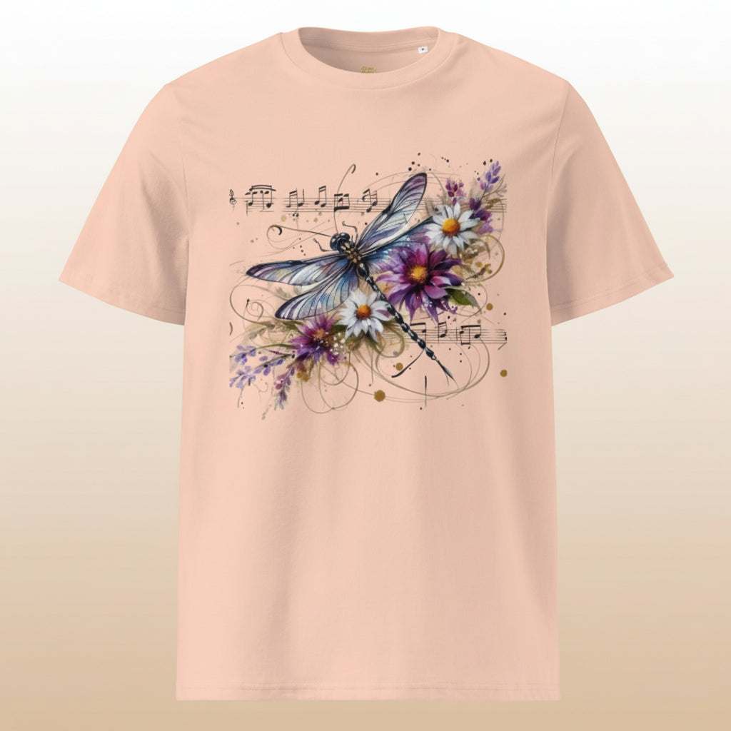Harmony in Flight organic cotton t-shirt with dragonfly, music notes, and floral design in soft peach tone