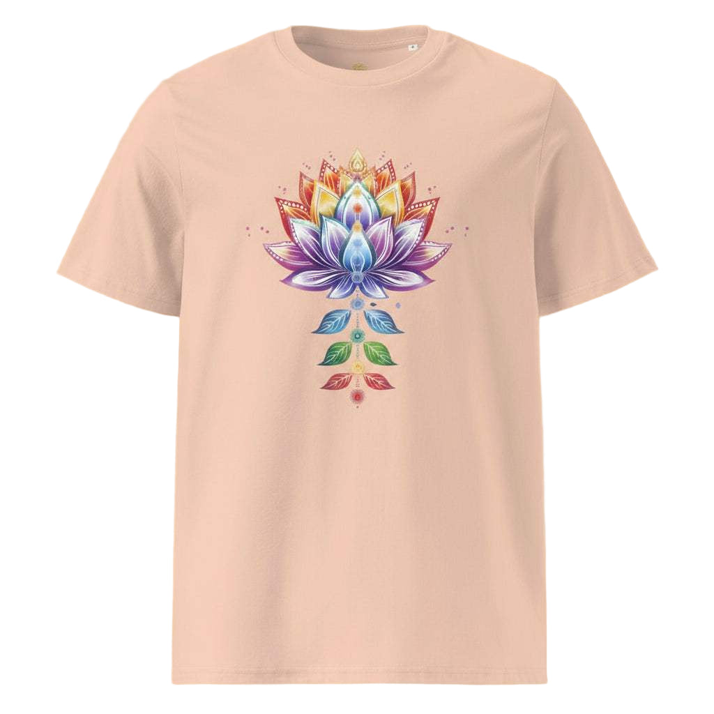 Chakra Lotus Organic Cotton T-Shirt with vibrant lotus and chakra design on soft pink eco-friendly fabric