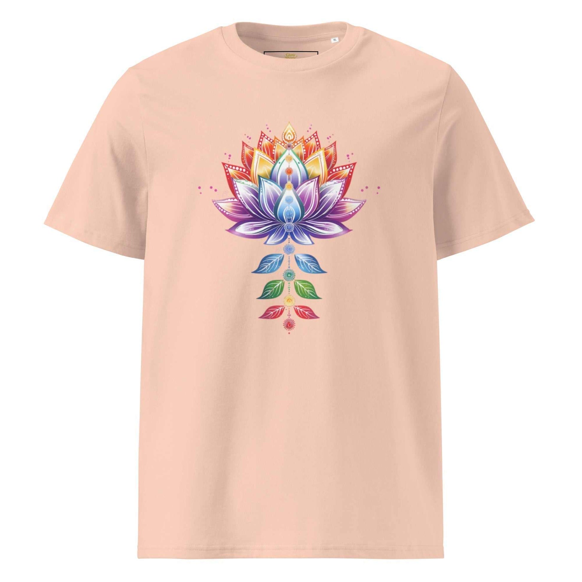 Organic Cotton T-Shirt met kleurrijk chakra lotus design, zacht en duurzaam voor spirituele stijl