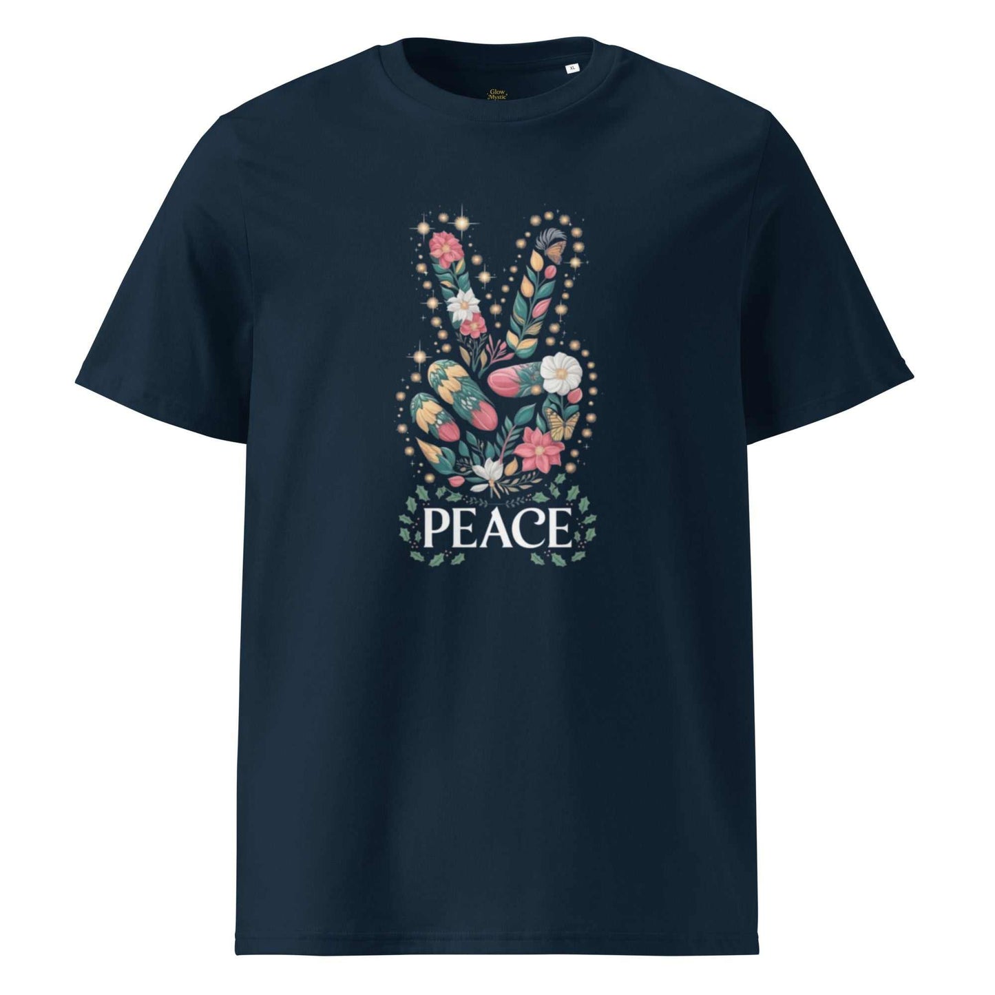 Unisex organic cotton t-shirt navy with floral peace sign graphic design