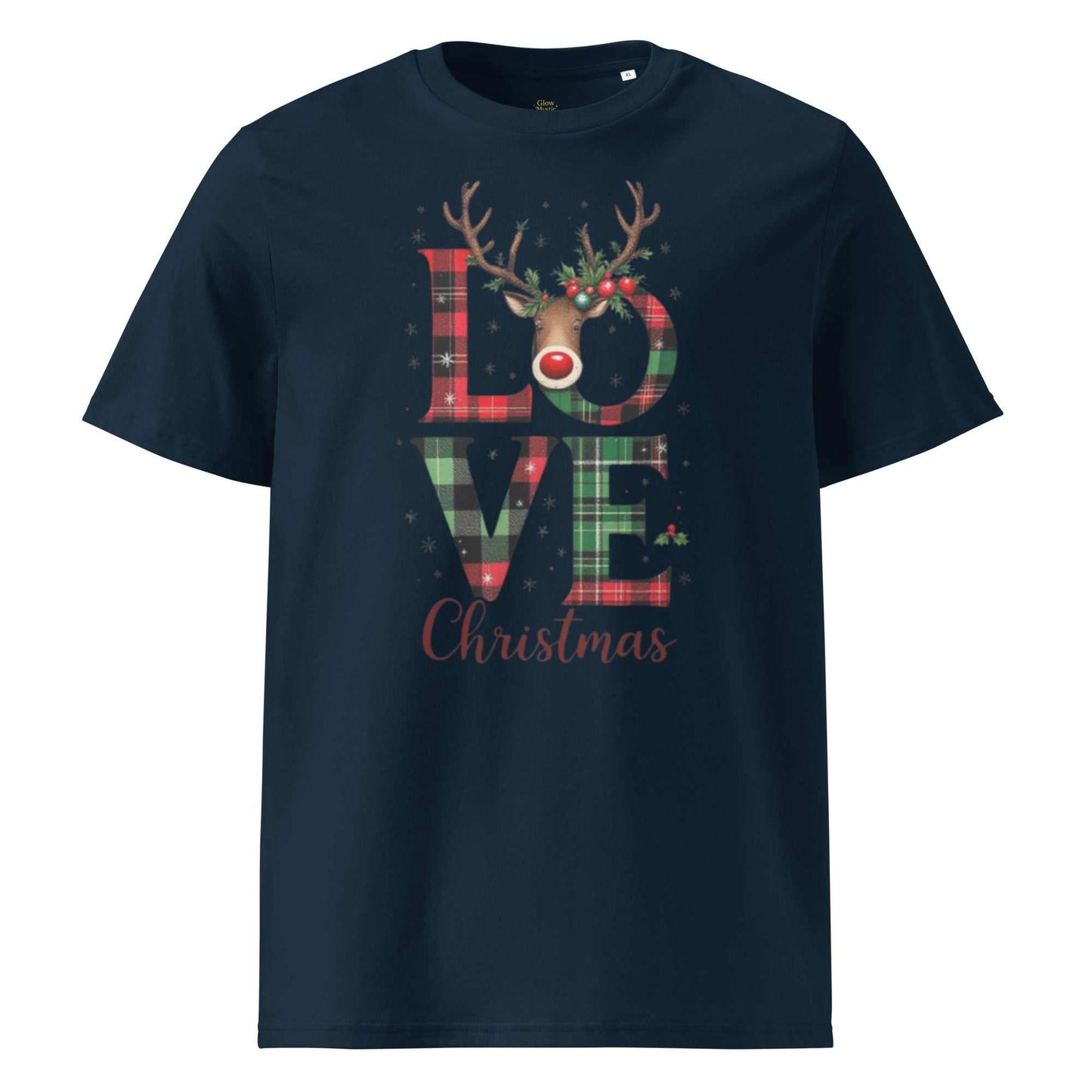 Organic Cotton Christmas T-Shirt with festive plaid LOVE and reindeer design on navy blue fabric, eco-friendly and breathable material.