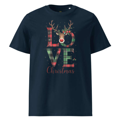 Organic Cotton Christmas T-Shirt with festive plaid LOVE and reindeer design on navy blue fabric, eco-friendly and breathable material.