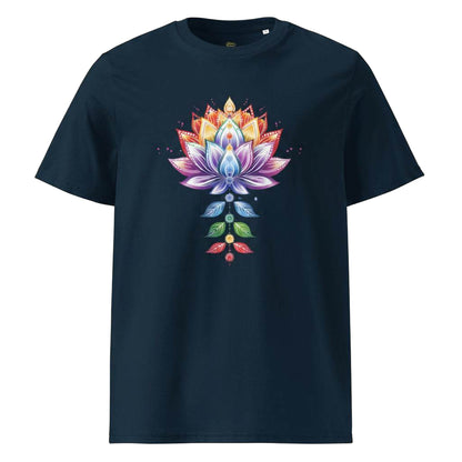 Chakra Lotus Organic Cotton T-Shirt with vibrant lotus and chakra artwork on navy blue fabric