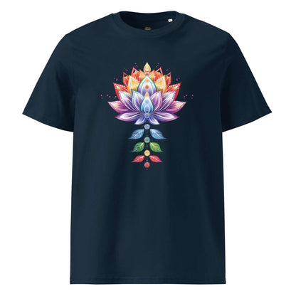 blauw duurzaam organic cotton t-shirt met kleurrijk lotus en chakra design
