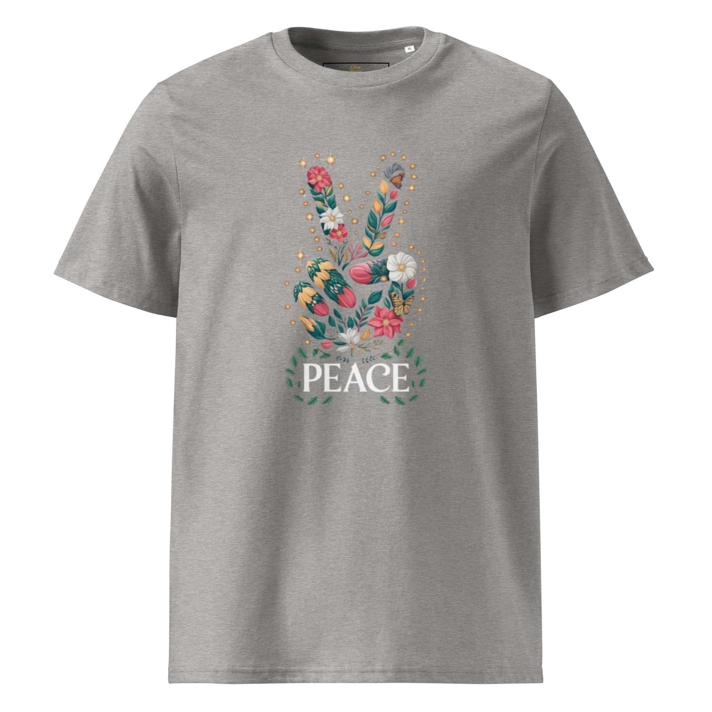 Unisex Organic Cotton T-shirt in grey with floral peace hand graphic and "PEACE" text, made from 100% organic cotton with a modern fit.