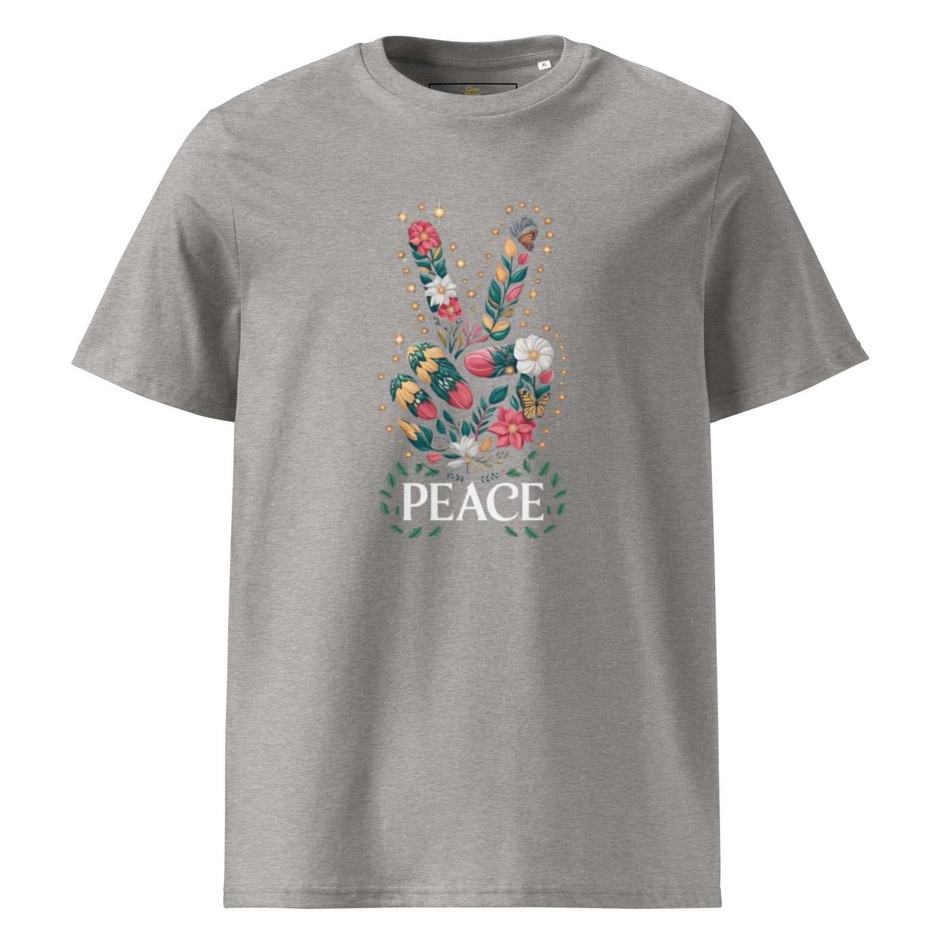 Unisex Organic Cotton T-shirt in grey with floral peace hand graphic and "PEACE" text, made from 100% organic cotton with a modern fit.