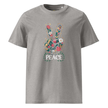 Unisex Organic Cotton T-shirt in grey with floral peace hand graphic and "PEACE" text, made from 100% organic cotton with a modern fit.