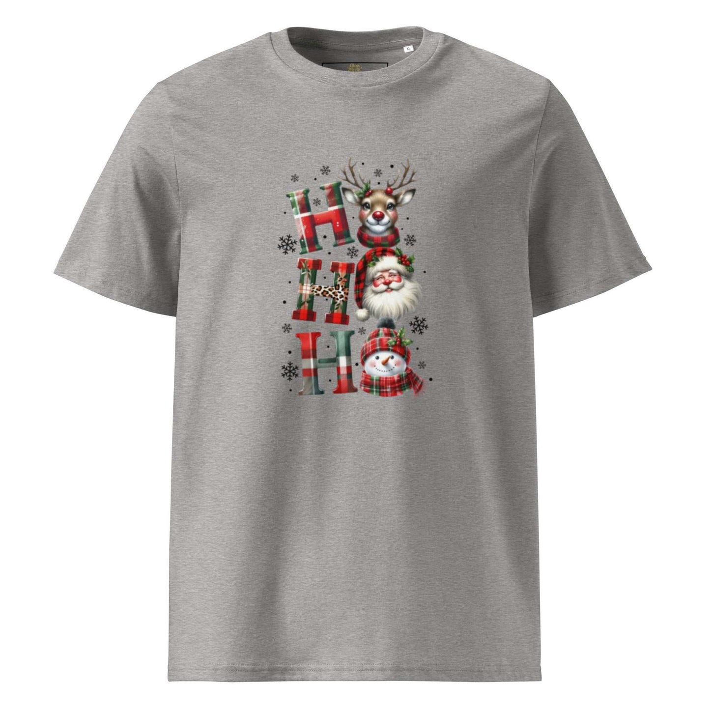 Unisex organic cotton Christmas t-shirt with festive reindeer, Santa, and snowman design on grey fabric
