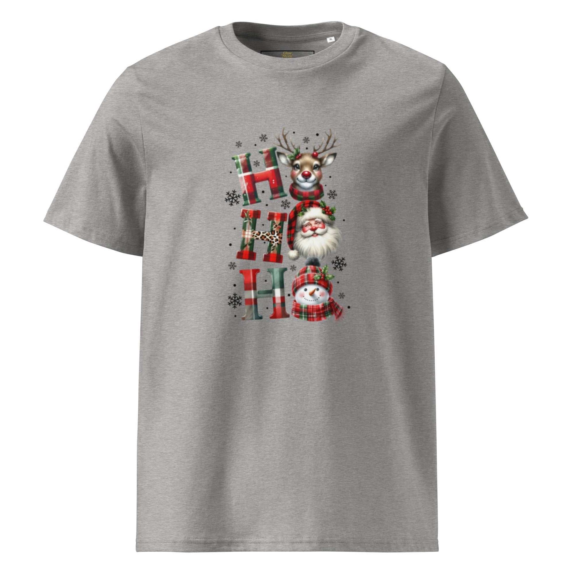 Unisex organic cotton Christmas t-shirt with festive reindeer, Santa, and snowman design on grey fabric