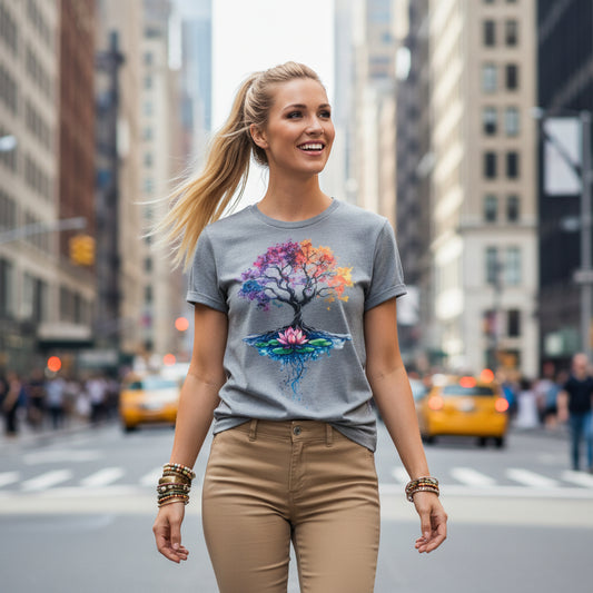 Grey Tree of Life Energy Flow T-Shirt with colorful cosmic tree and lotus flower design on front wearing by a woman who is walking on the street of new york