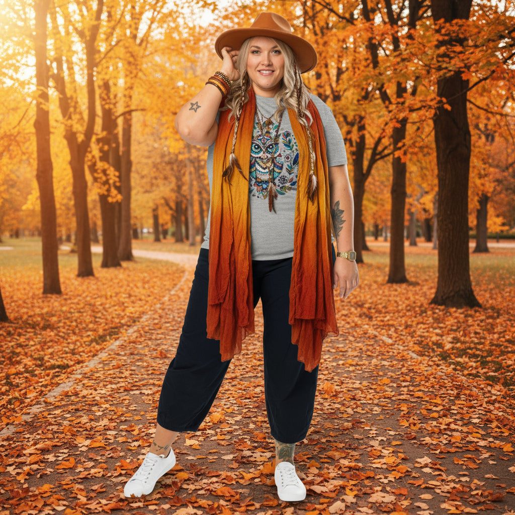 woman wearing Mystical Owl Organic T-Shirt with boho scarf and hat in autumn forest background