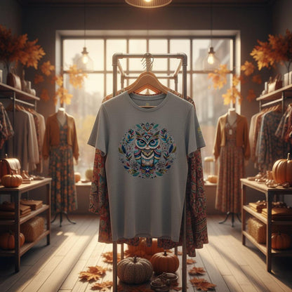 Mystical Owl Organic T-Shirt with colorful spiritual owl design hanging in a cozy autumn boutique