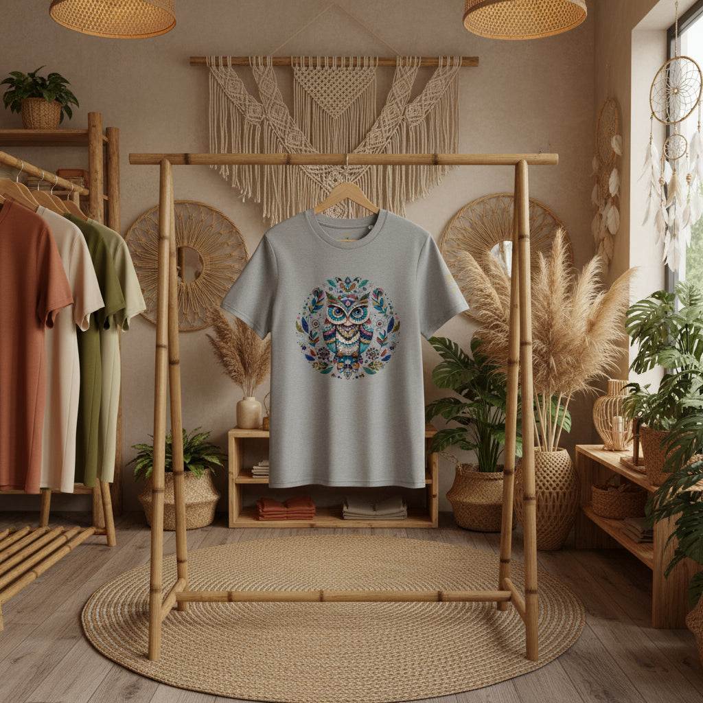 Grey Mystical Owl Organic T-Shirt with colorful spiritual owl design hanging in boho style room