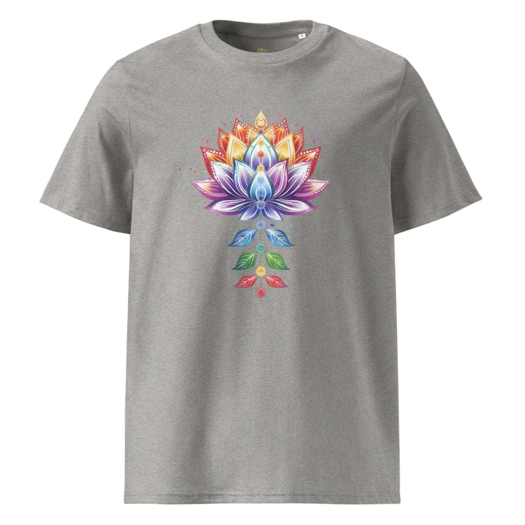 Gray Chakra Lotus Organic Cotton T-Shirt with vibrant chakra lotus design on front, made from eco-friendly fabric