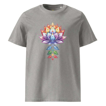 Gray Chakra Lotus Organic Cotton T-Shirt with vibrant chakra lotus design on front, made from eco-friendly fabric