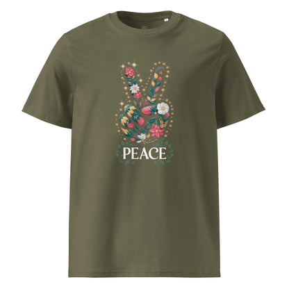 Unisex organic cotton t-shirt with floral peace sign graphic on olive green background