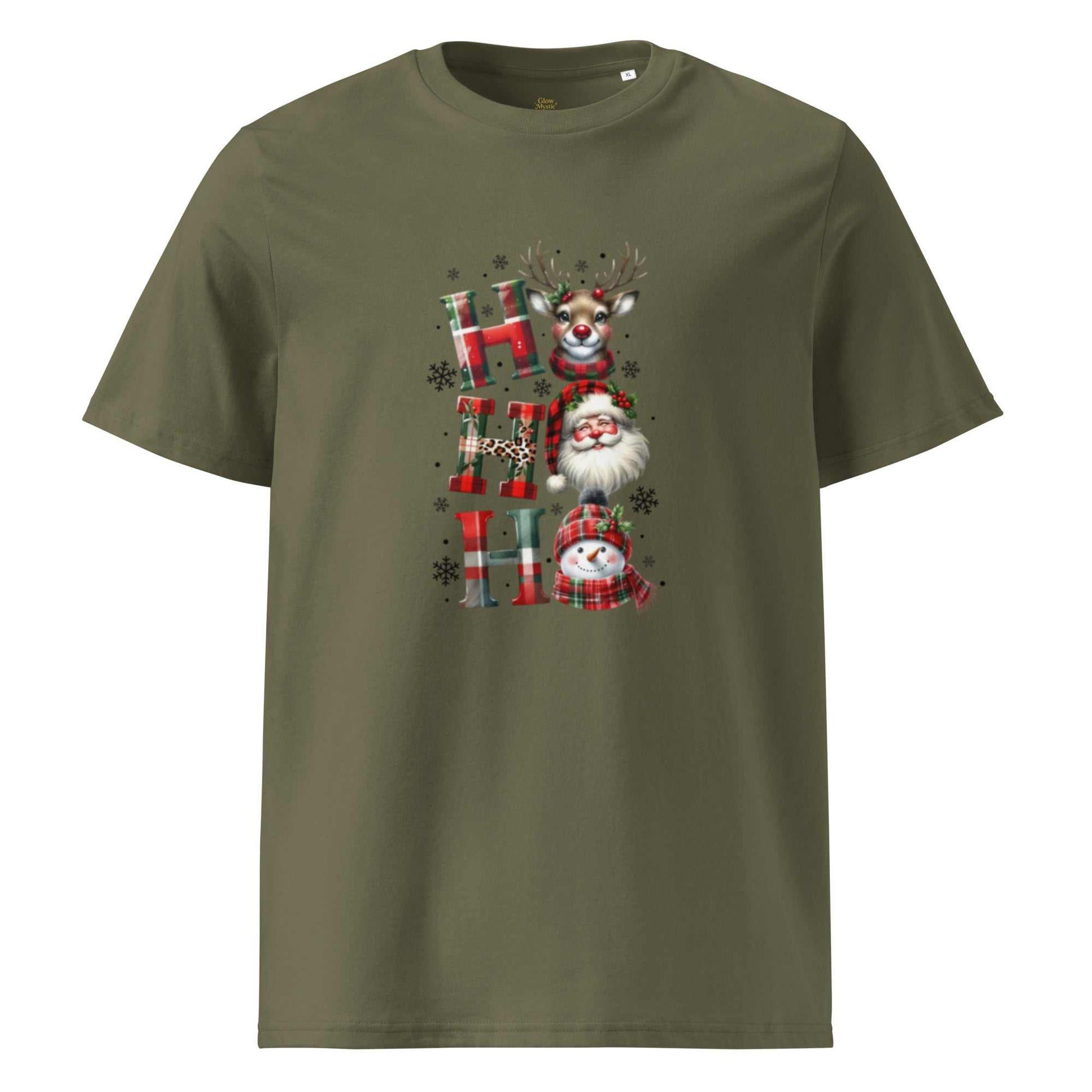 Unisex organic cotton Christmas t-shirt with festive reindeer, Santa, and snowman design on olive green background