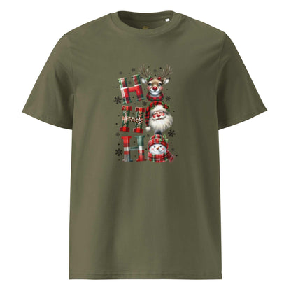 Unisex organic cotton Christmas t-shirt with festive reindeer, Santa, and snowman design on olive green background