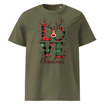 Organic cotton Christmas T-shirt with festive plaid reindeer LOVE design, eco-friendly and breathable