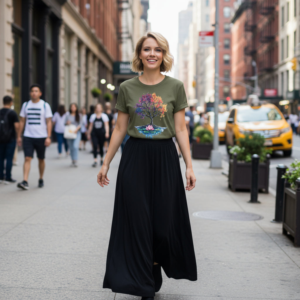 Woman wearing olive Tree of Life Energy Flow T-Shirt with colorful cosmic tree and lotus design in cozy style while walking on the street of new york