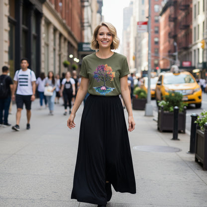 Woman wearing olive Tree of Life Energy Flow T-Shirt with colorful cosmic tree and lotus design in cozy style while walking on the street of new york