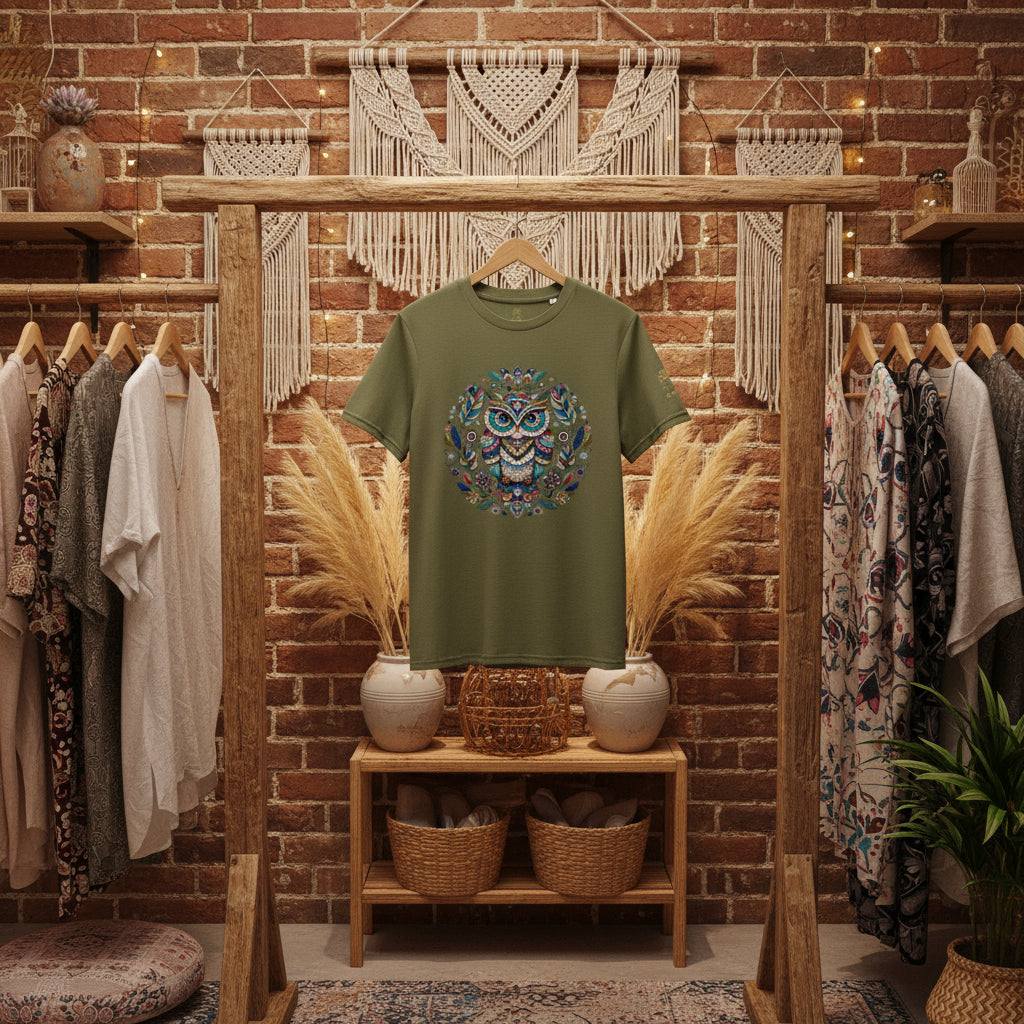 Green Mystical Owl Organic T-Shirt with spiritual owl design hanging in boho style room