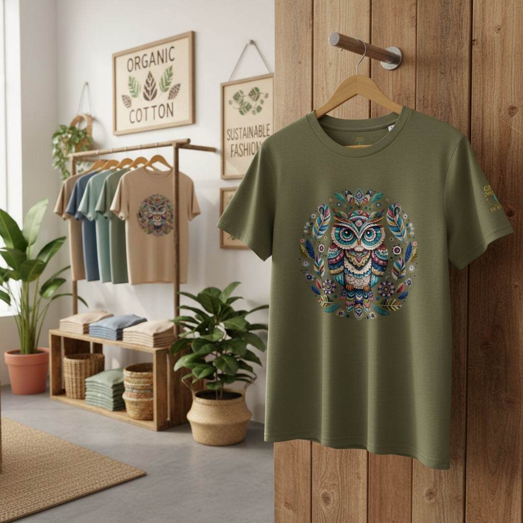 Mystical Owl Organic T-Shirt in olive green with colorful spiritual owl design hanging in eco-friendly clothing store