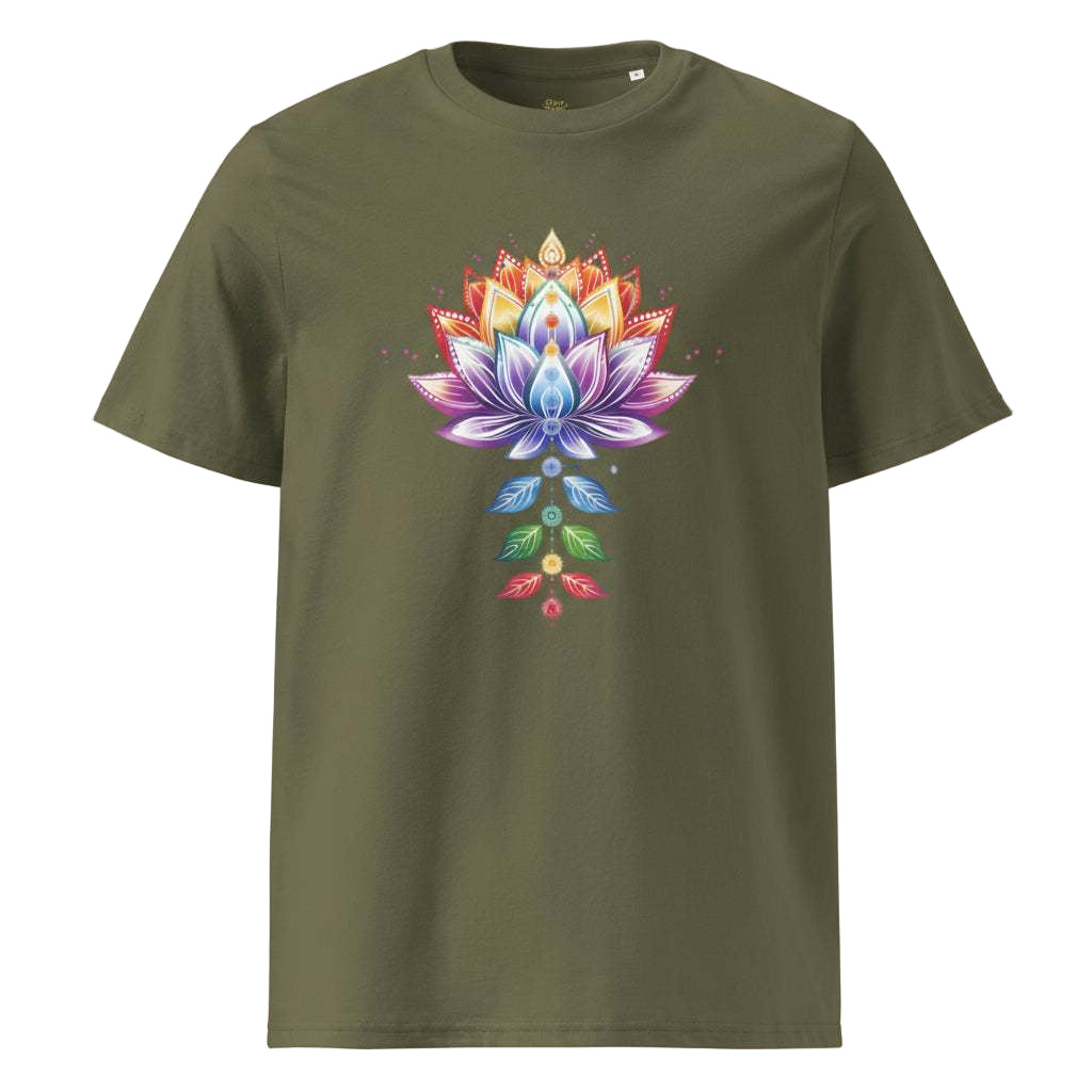 Olive green Chakra Lotus Organic Cotton T-Shirt with vibrant lotus and chakra artwork, made from eco-friendly breathable fabric